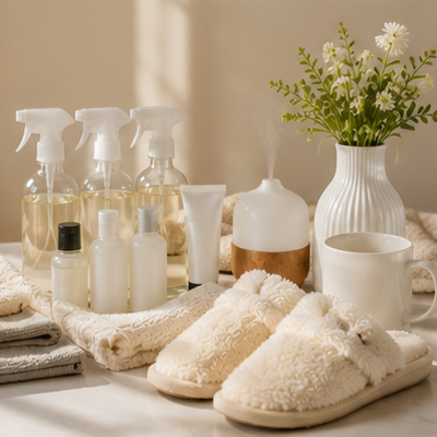 24 Cleaning Samples + Personal Care Samples + Ceramic Vase + Cosy Slippers + Ceramic Mug + Aromatherapy Diffuser Bundle