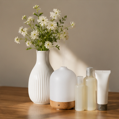 25 Personal Care Samples + Aromatherapy Diffuser + Ceramic Vase Bundle